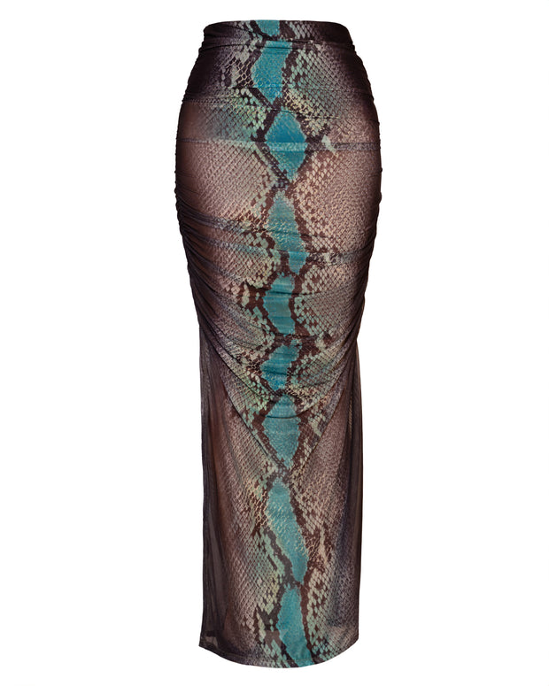 Outline image of Ruched Sheer Maxi Skirty - Emerald Snake