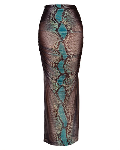 Outline image of Ruched Sheer Maxi Skirty - Emerald Snake