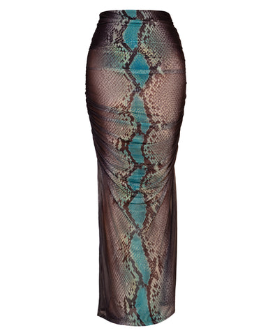Outline image of Ruched Sheer Maxi Skirty - Emerald Snake