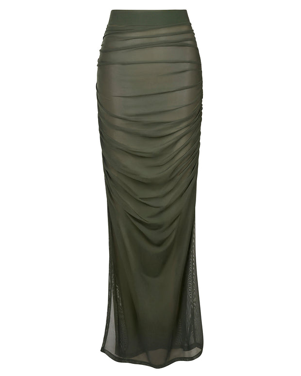 Ruched Sheer Maxi Skirty - Fern Green