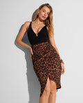 Model wears Sarong Skirty Knee Length Faux Wrap Cover-Up - All Over Leopard front view