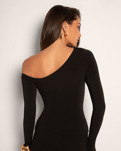 Sculpty One Shoulder Long Sleeve Top - Black