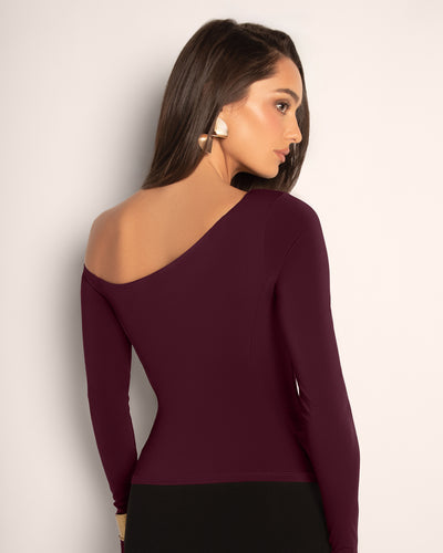 Back view close up of Sculpty One Shoulder Long Sleeve Top - Garnet