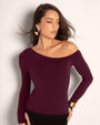 Model wearing Sculpty One Shoulder Long Sleeve Top - Garnet front view
