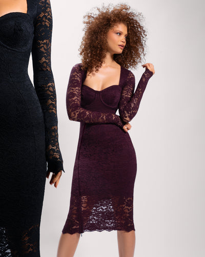 Zoomed in front view image of Seamed Lushy Long Sleeve Midi Dress - Lace Garnet and Lace Black