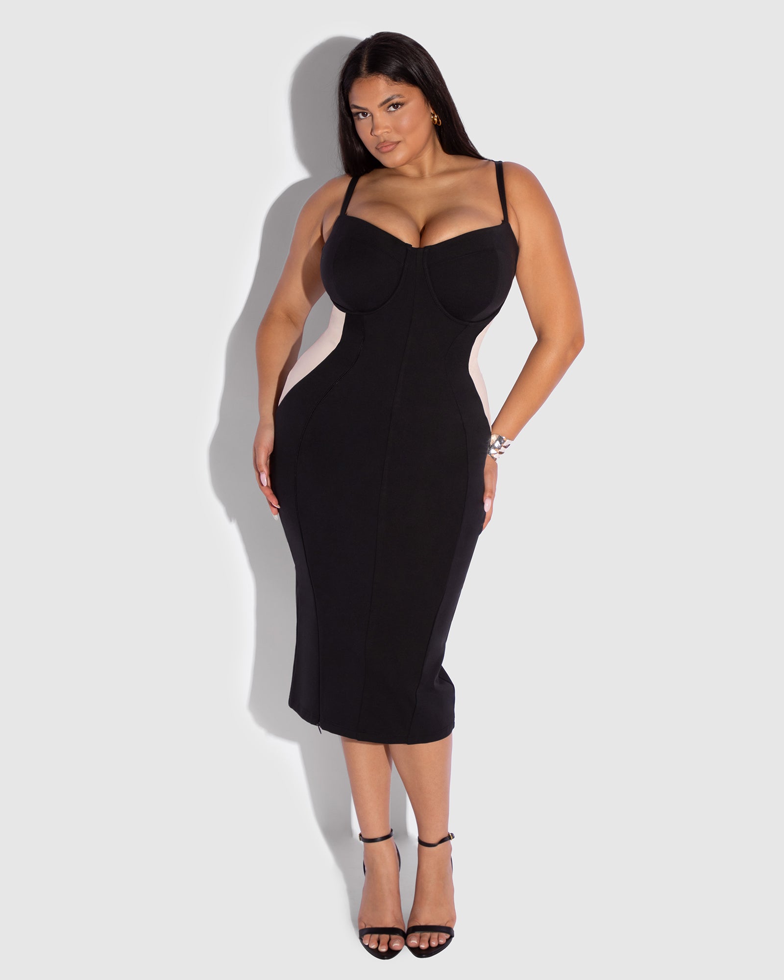 Size L model wears Seamed Lushy Pencil Midi Shapewear Dress - Contour Black/Oat full front view