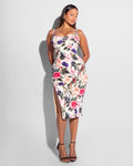 Model wears Seamed Lushy Pencil Midi Shapewear Dress - Rose Bloom front view with unzipped zipper