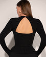 Model wears Shapey Crew Neck Long Sleeve Shapewear Top - Soft Sheen Jersey Black back view close up
