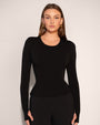 Model wears Shapey Crew Neck Long Sleeve Shapewear Top - Soft Sheen Jersey Black front view close up