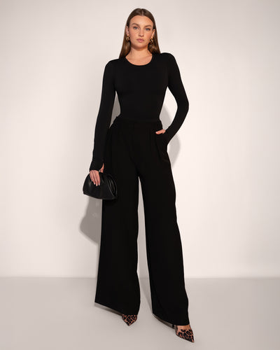 Model wears Shapey Crew Neck Long Sleeve Shapewear Top - Soft Sheen Jersey Black Full Body view