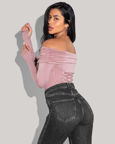 Model wears Shapey Off Shoulder Long Sleeve Shapewear Top - Dusty Rose side view