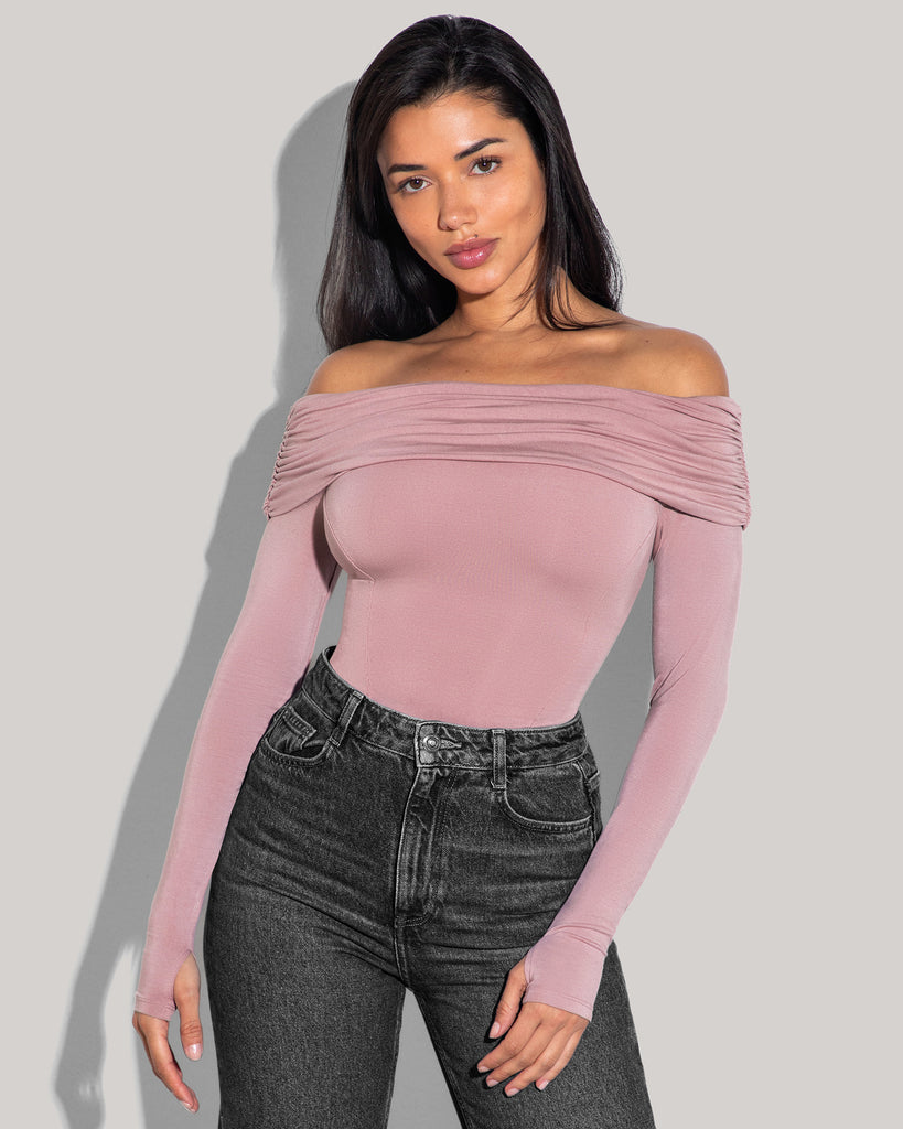 Model wears Shapey Off Shoulder Long Sleeve Shapewear Top - Dusty Rose