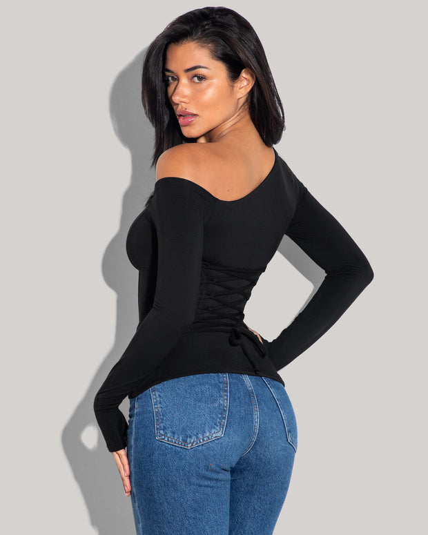 Shapey Long Sleeve One Shoulder Top - Black