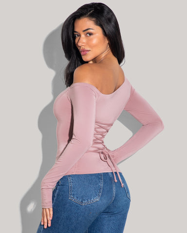 Model posing in Shapey Long Sleeve One Shoulder Shapewear Top - Dusty Rose side view