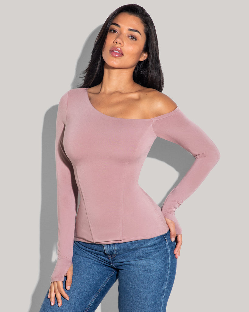 Model posing in Shapey Long Sleeve One Shoulder Shapewear Top - Dusty Rose