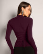 Back view close up of Shapey Ruched Long Sleeve Top - Garnet