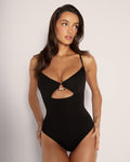 Model is wearing Jeweled Cut Out Deep Plunge One Piece Shapewear Swimsuit - Black
