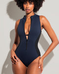Model wears Sleeveless Surfy One Piece Shapewear Swimsuit - Midnight/Black close up view unzipped front