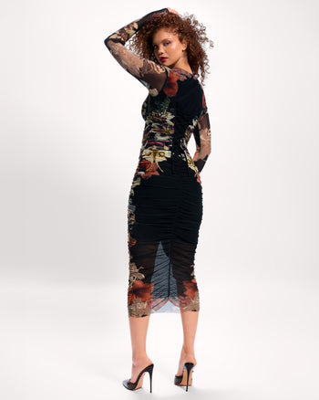 Full body back view of Sweetie Long Sleeve Midi Dress - Moody Floral