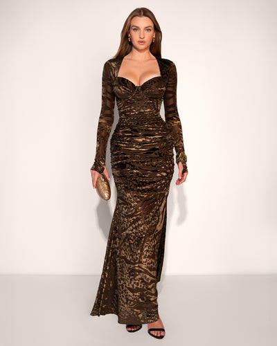 Model wears Sweetie Long Sleeve Gown - Velvet Mesh Espresso full body front view