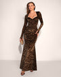 Model is posing in Sweetie Long Sleeve Gown - Velvet Mesh Espresso full body front view