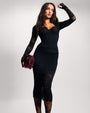 Model wearing Sweetie Long Sleeve Top - Lace Black and Seamed Midi Skirt - Lace Black full body front view
