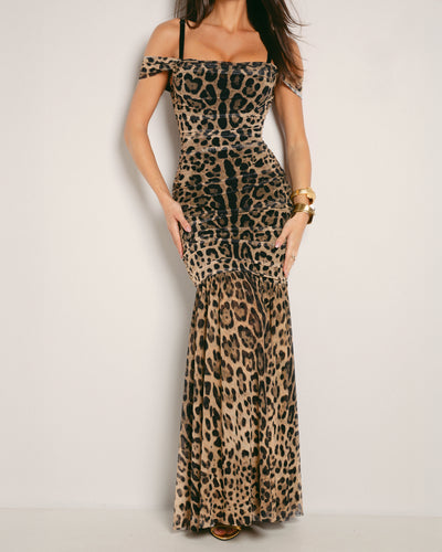 Model Wears Sweetie Mermaid Shapewear Dress - Symmetric Leopard Close Up View