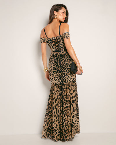 Model Wears Sweetie Mermaid Shapewear Dress - Symmetric Leopard Back View