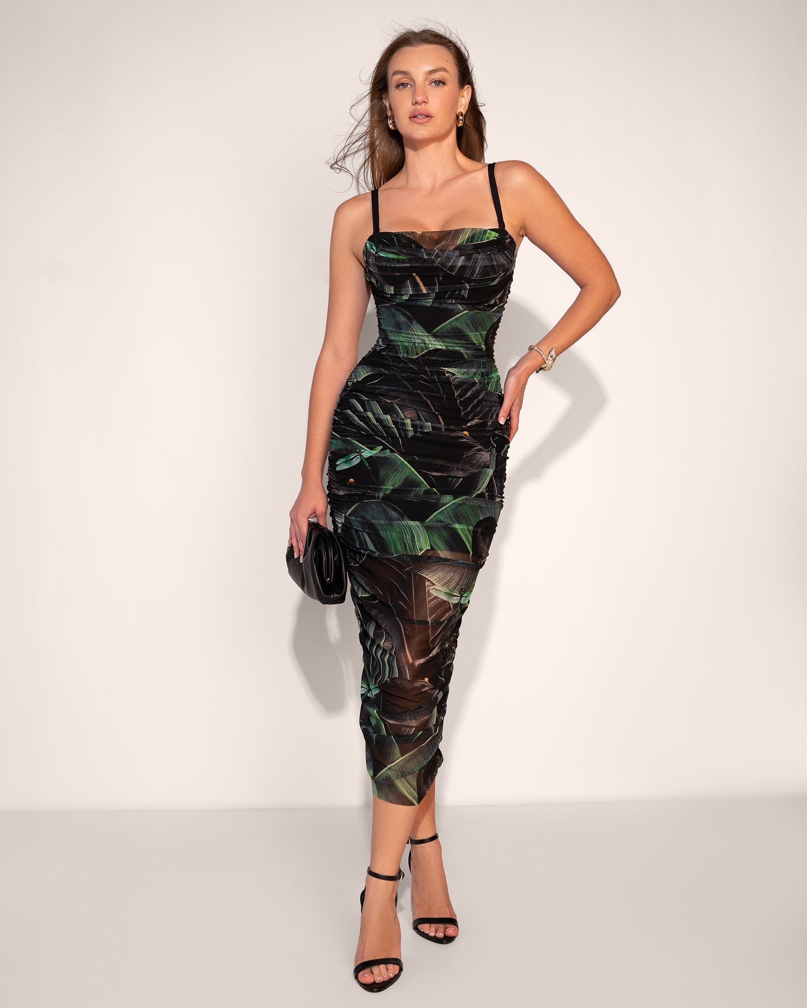 Model posing in Sweetie Mesh Column Dress - Black Lily full body front view