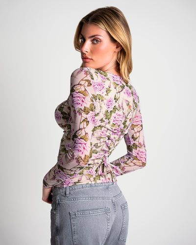 Model wears Sweetie Ruched Long Sleeve Shapewear Top - Lilac Thorny Rose side view