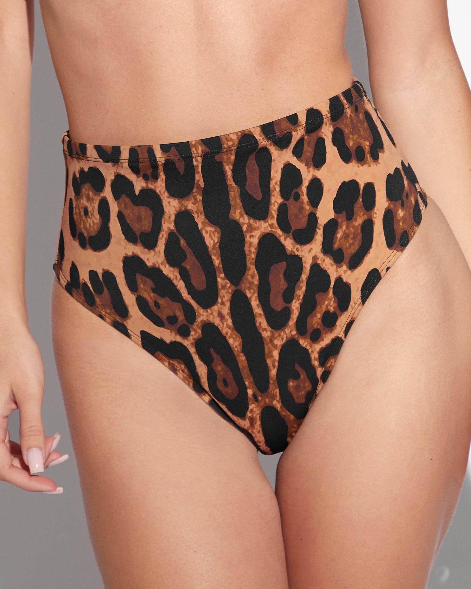 Hi Cut High Waisted Kini Bottom Shaping Swimwear - Symmetric Leopard close up front
