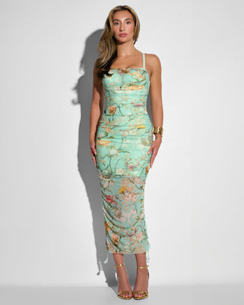 Full body front view of Sweetie Mesh Column Dress - Adjustable Aqua Floral on model