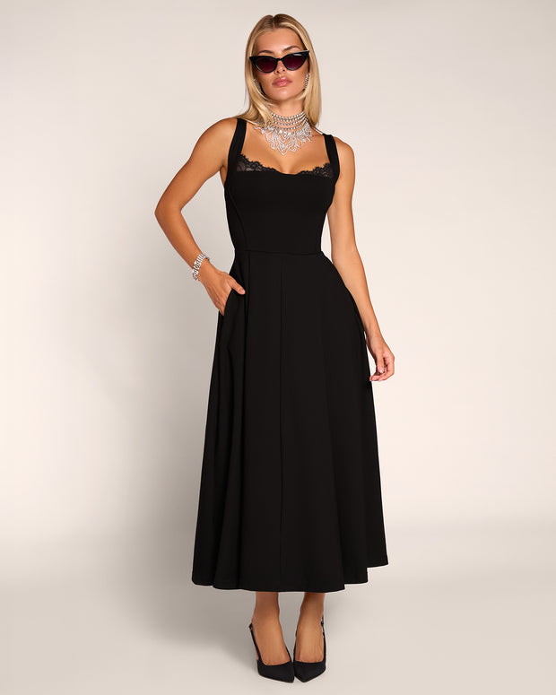 Full body front view of model wearing Adjustable Length Fit & Flare Midi Dress - Lace Black