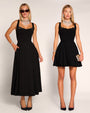 Side by side graphic of Adjustable Length Fit & Flare Midi Dress - Lace Black shown as a midi and mini dress