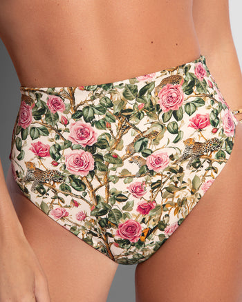 Close up of Brazilian Smoothing Kini Bottom - Pink Rose Leopard on model