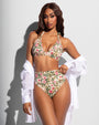 Model wearing Triangle Bikini Top - Pink Rose Leopard paired with smoothing bottom and button up top