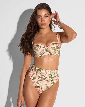 Front view of model in Brazilian Smoothing Kini Bottom - Thorny Rose paired with matching top