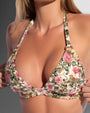 Close up image of Triangle Bikini Top - Pink Rose Leopard on model 