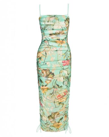Full body back view of model in Sweetie Mesh Column Dress - Adjustable Aqua Floral