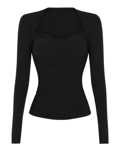 Outline image of Shapey Ruched Long Sleeve Top - Black/Lace