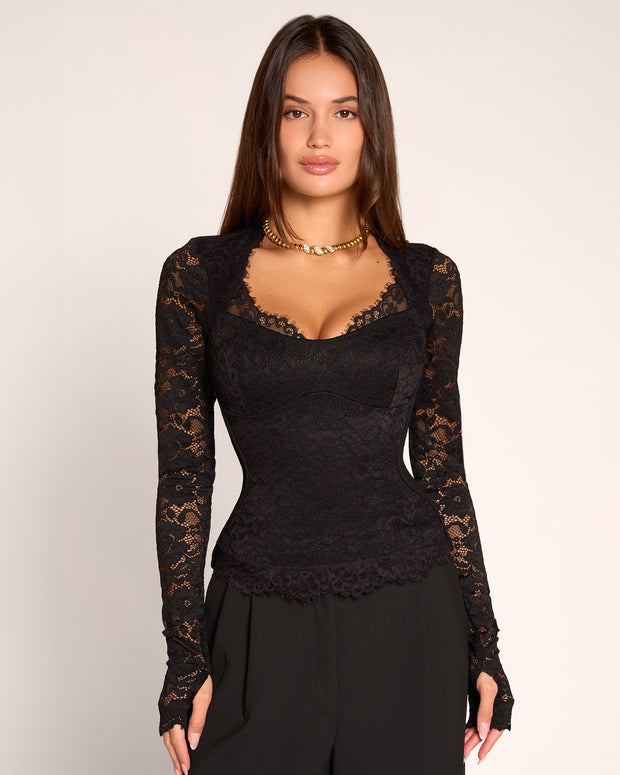 Straight on front view of model wearing Sweetheart Long Sleeve Top - Lace Black