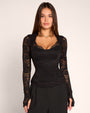 Straight on front view of model wearing Sweetheart Long Sleeve Top - Lace Black