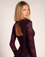 Three quarter back view of model wearing Sweetheart Long Sleeve Top - Lace Garnet