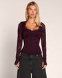 Straight on front view of model in Sweetheart Long Sleeve Top - Lace Garnet