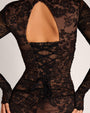 Close up of open back detail and lacing of Sweetie Long Sleeve Column Dress - Lace Black/Tawny