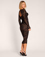 Full body three quarter back view of model in Sweetie Long Sleeve Column Dress - Lace Black/Tawny