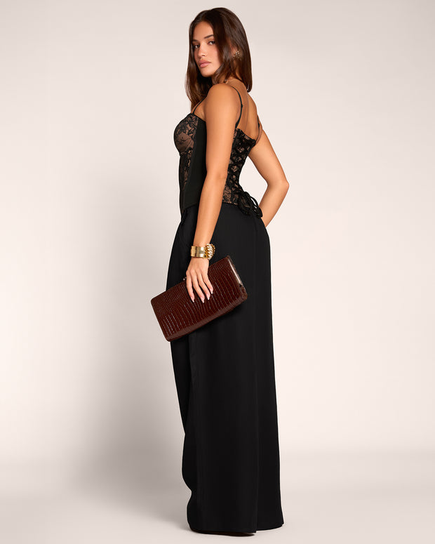 Full body back view of model wearing Corset Top - Lace Black/Tawny