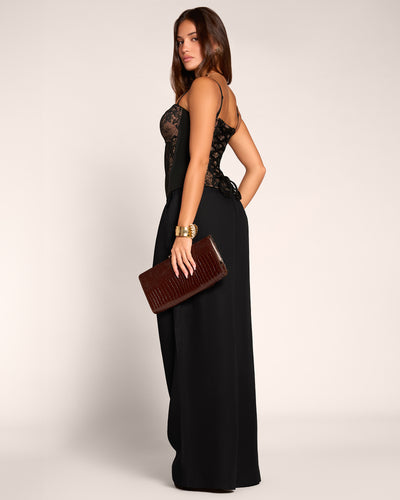 Full body back view of model wearing Corset Top - Lace Black/Tawny