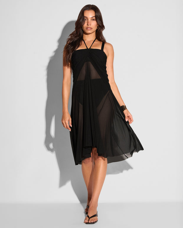 Full body front view of model wearing Mermaid Sheer Maxi Skirty - Adjustable Mesh Black as a mini dress 