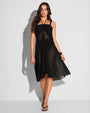 Full body front view of model wearing Mermaid Sheer Maxi Skirty - Adjustable Mesh Black as a mini dress 